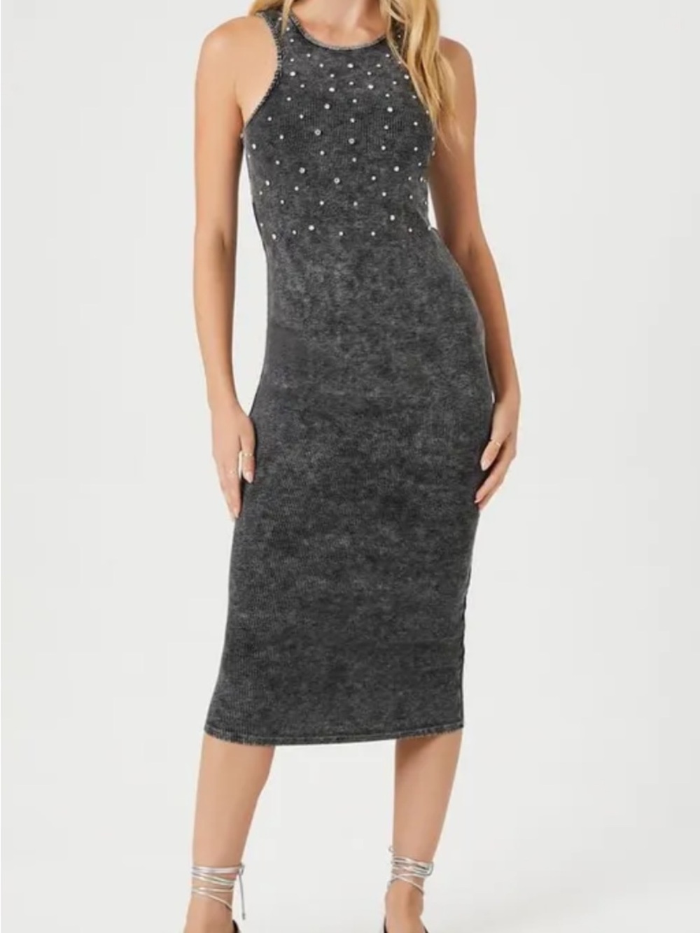Forever 21 Charcoal Grey Sleeveless Midi Dress with Studs